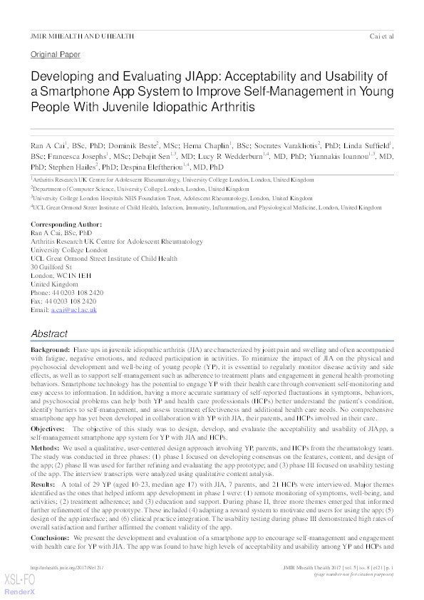 Developing and Evaluating JIApp: Acceptability and Usability of a Smartphone App System to Improve Self-Management in Young People With Juvenile Idiopathic Arthritis Thumbnail