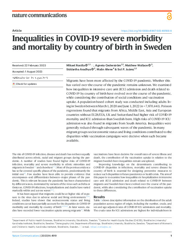 Inequalities in COVID-19 severe morbidity and mortality by country of birth in Sweden Thumbnail