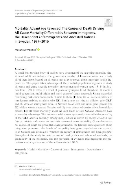 Mortality Advantage Reversed: The Causes of Death Driving All-Cause Mortality Differentials Between Immigrants, the Descendants of Immigrants and Ancestral Natives in Sweden, 1997–2016 Thumbnail