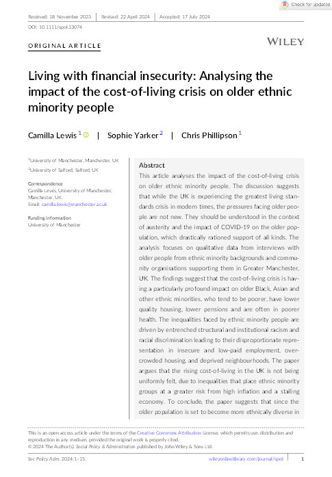 Living with financial insecurity: Analysing the impact of the cost‐of‐living crisis on older ethnic minority people Thumbnail