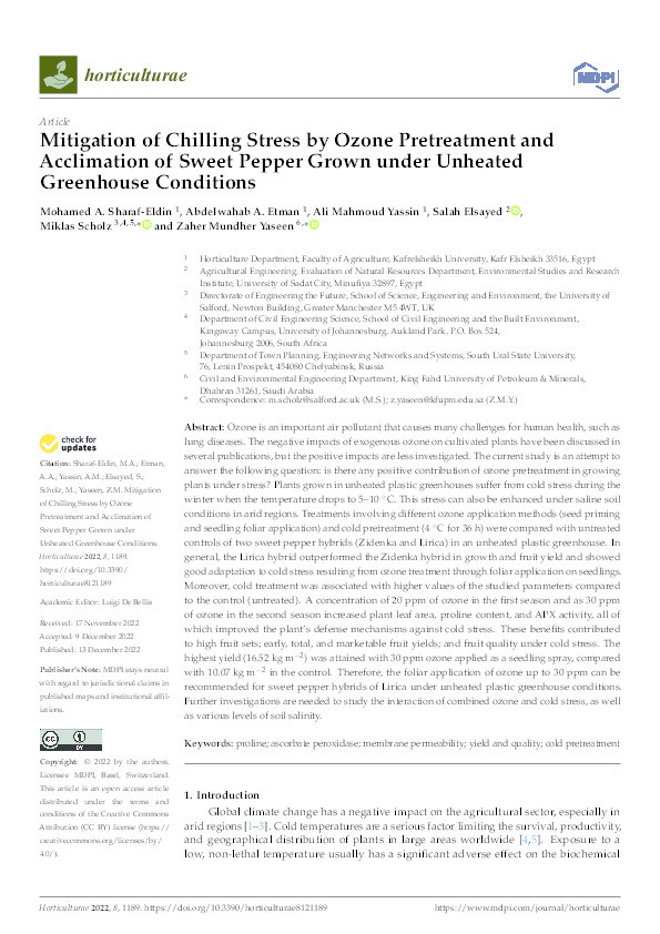 Mitigation of Chilling Stress by Ozone Pretreatment and Acclimation of Sweet Pepper Grown under Unheated Greenhouse Conditions Thumbnail
