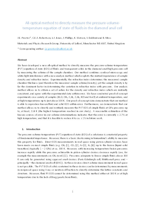 All-optical method to directly measure the pressure–volume–temperature equation of state of fluids in the diamond anvil cell Thumbnail