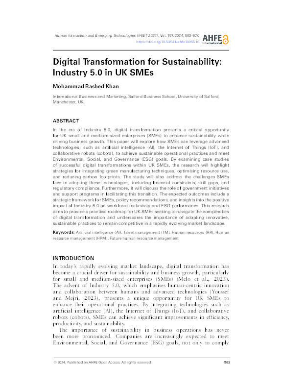 Digital Transformation for Sustainability: Industry 5.0 in UK SMEs Thumbnail