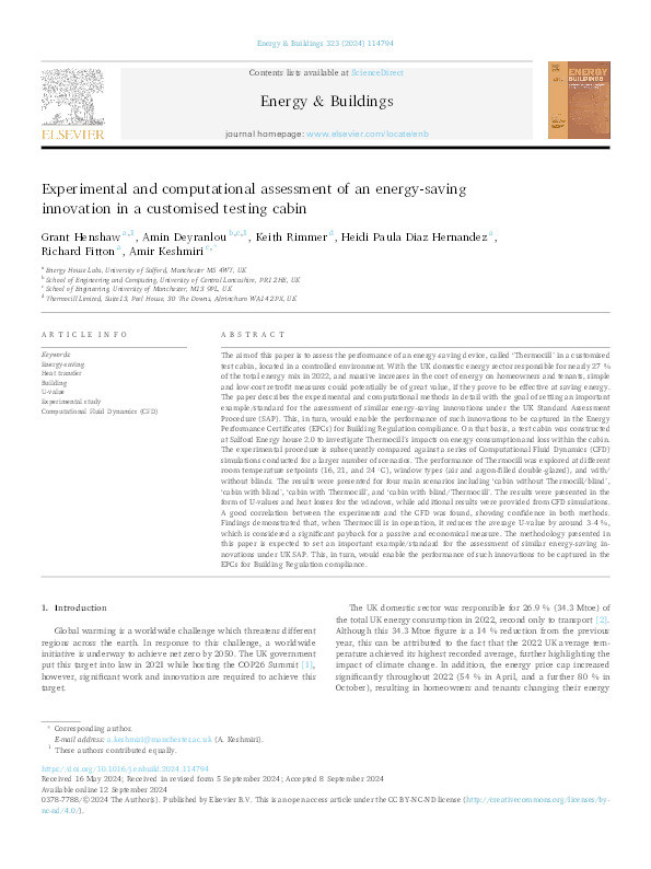 Experimental and computational assessment of an energy-saving innovation in a customised testing cabin Thumbnail