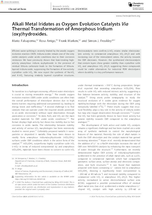 Alkali Metal Iridates as Oxygen Evolution Catalysts Via Thermal Transformation of Amorphous Iridium (oxy)hydroxides Thumbnail