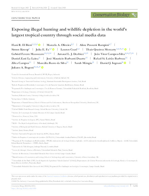 Exposing illegal hunting and wildlife depletion in the world's largest tropical country through social media data Thumbnail