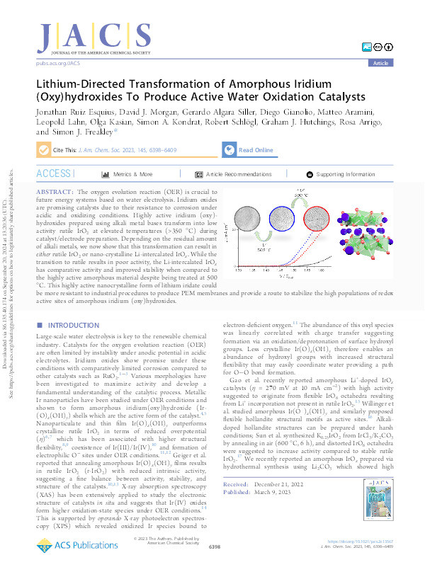 Lithium-Directed Transformation of Amorphous Iridium (Oxy)hydroxides To Produce Active Water Oxidation Catalysts Thumbnail