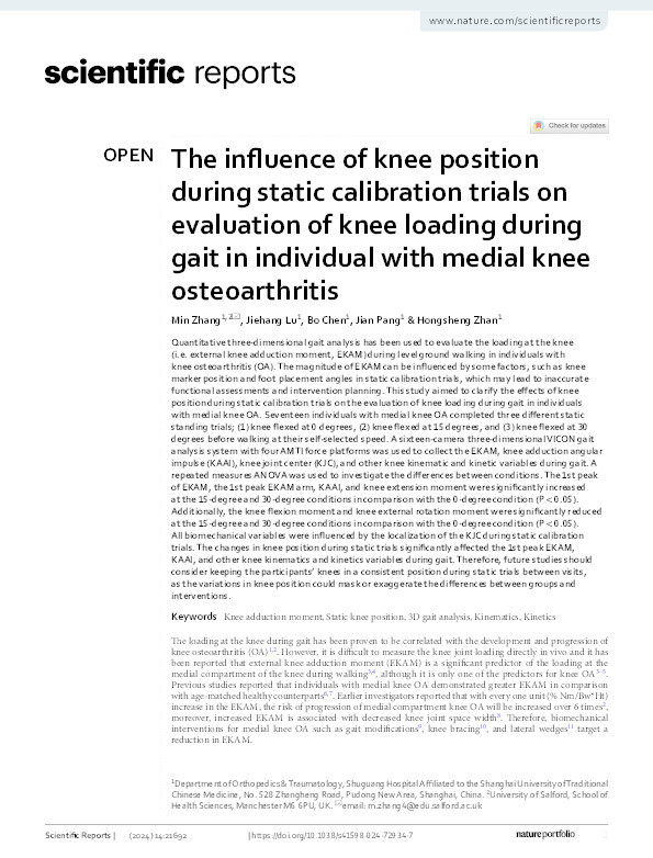 The influence of knee position during static calibration trials on evaluation of knee loading during gait in individual with medial knee osteoarthritis Thumbnail