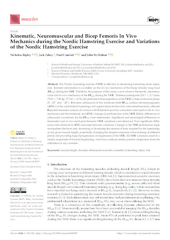 Kinematic, Neuromuscular and Bicep Femoris In Vivo Mechanics during the Nordic Hamstring Exercise and Variations of the Nordic Hamstring Exercise Thumbnail