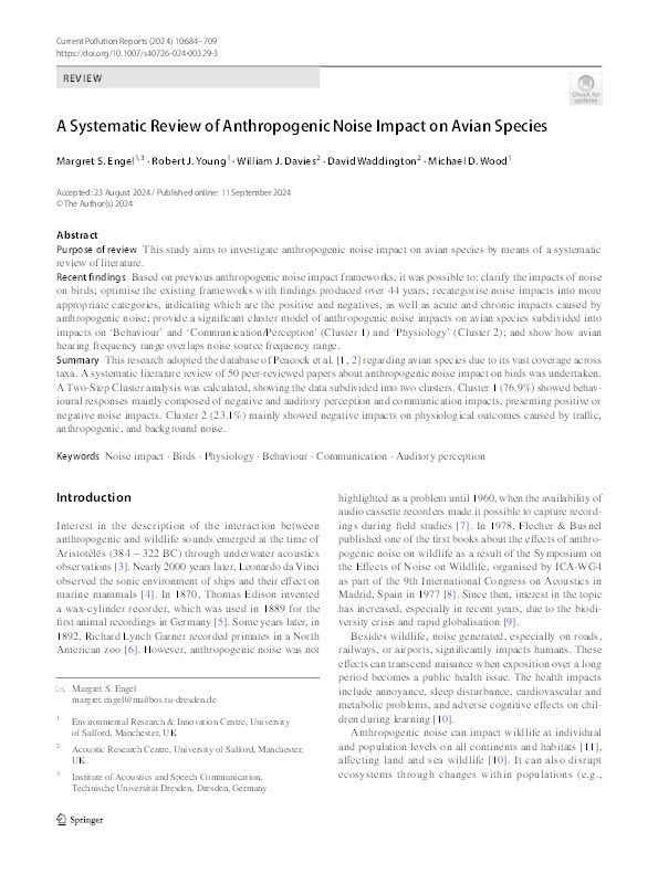 A Systematic Review of Anthropogenic Noise Impact on Avian Species Thumbnail