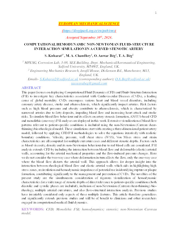 COMPUTATIONAL HEMODYNAMIC NON-NEWTONIAN FLUID-STRUCTURE INTERACTION SIMULATION IN A CURVED STENOTIC ARTERY Thumbnail