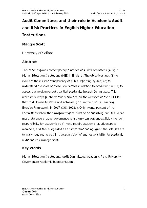 Audit Committees and their role in Academic Audit and Risk Practices in English Higher Education Institutions Thumbnail