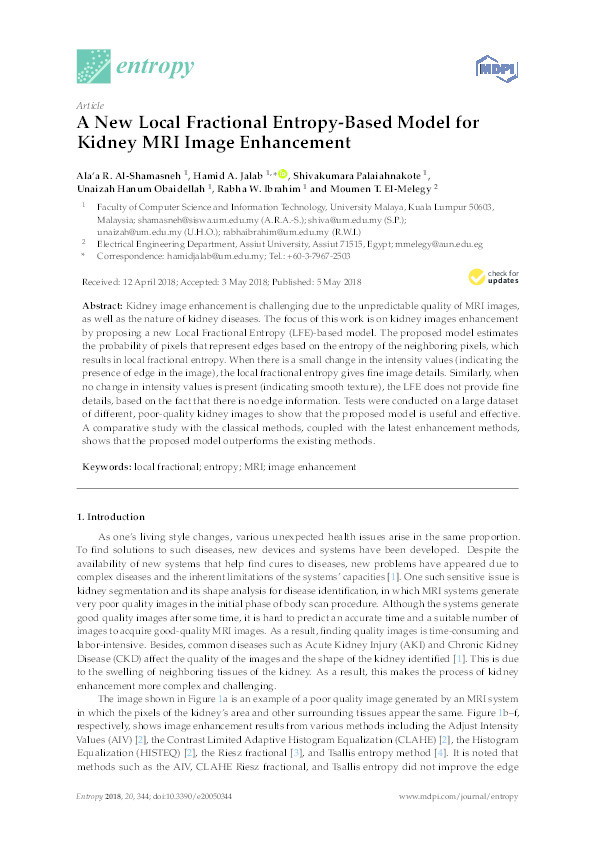 A new Local Fractional Entropy-Based model for kidney MRI image enhancement Thumbnail