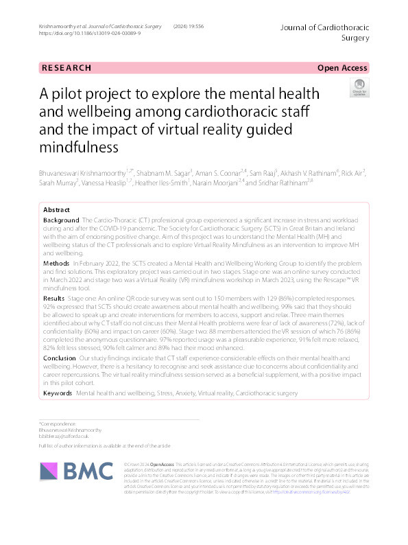 A pilot project to explore the mental health and wellbeing among cardiothoracic staff and the impact of virtual reality guided mindfulness Thumbnail