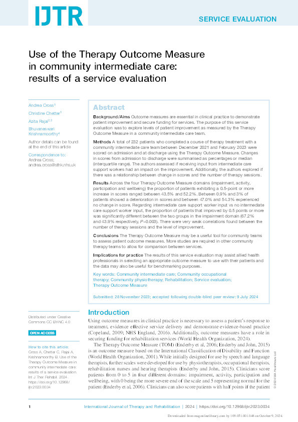 Use of the Therapy Outcome Measure in community intermediate care: results of a service evaluation Thumbnail