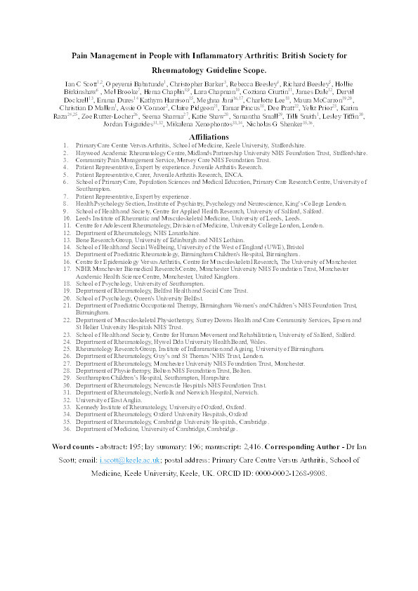 Pain management in people with inflammatory arthritis: British Society for Rheumatology guideline scope Thumbnail
