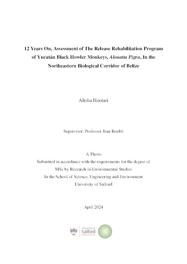 12 Years On  Assessment Of The Release Rehabilitation Program Of Yucatan Black Howler Monkeys  Alouatta Pigra  In The Northeastern Biological Corridor Of Belize Pdf Thumbnail