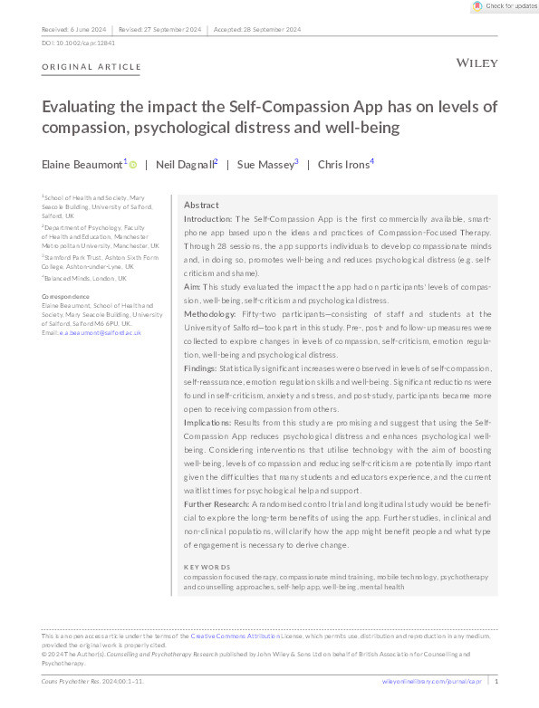 Evaluating the impact the Self‐Compassion App has on levels of compassion, psychological distress and well‐being Thumbnail