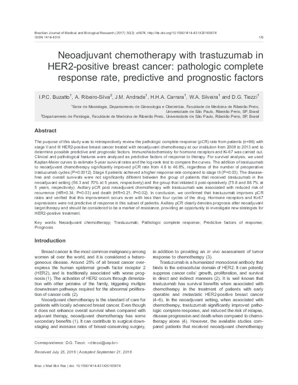 Neoadjuvant chemotherapy with trastuzumab in HER2-positive breast cancer: pathologic complete response rate, predictive and prognostic factors Thumbnail