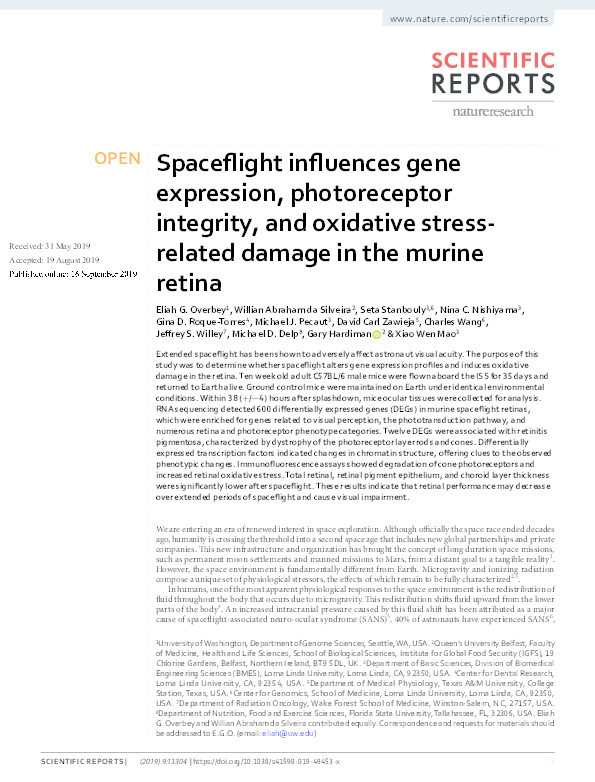 Spaceflight influences gene expression, photoreceptor integrity, and oxidative stress-related damage in the murine retina Thumbnail