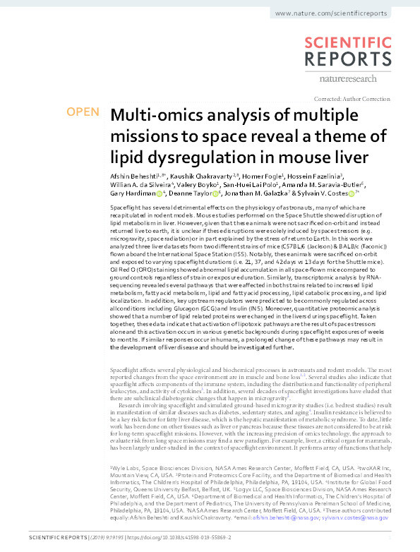 Multi-omics analysis of multiple missions to space reveal a theme of lipid dysregulation in mouse liver Thumbnail