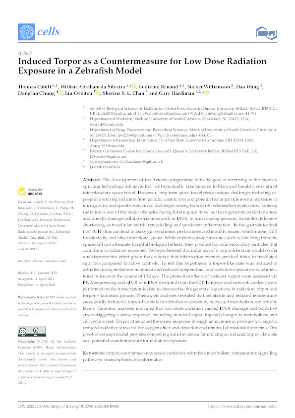 Induced Torpor as a Countermeasure for Low Dose Radiation Exposure in a Zebrafish Model Thumbnail