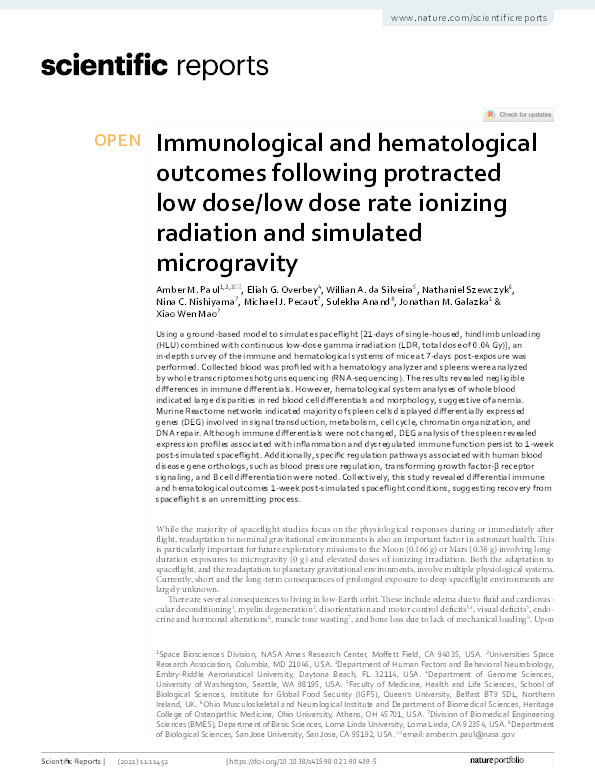 Immunological and hematological outcomes following protracted low dose/low dose rate ionizing radiation and simulated microgravity Thumbnail