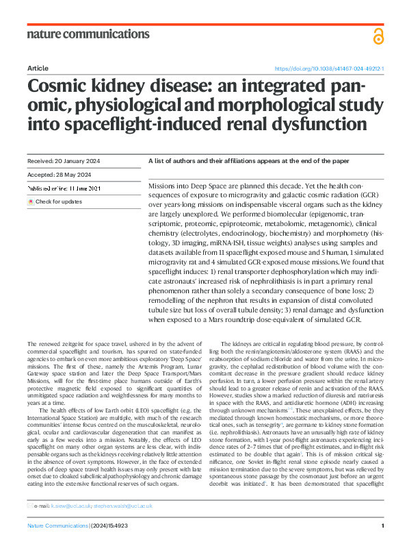 Cosmic kidney disease: an integrated pan-omic, physiological and morphological study into spaceflight-induced renal dysfunction Thumbnail