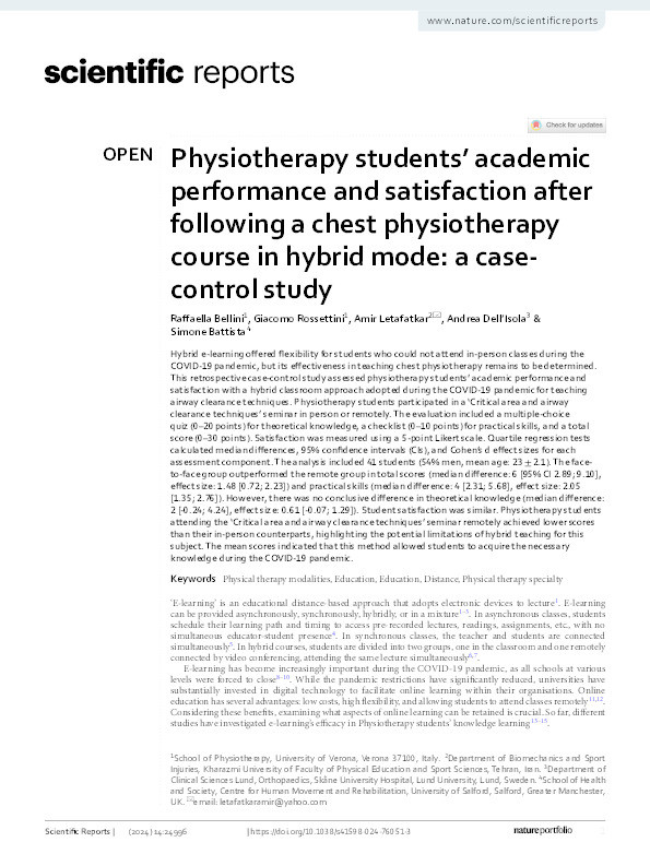 Physiotherapy students’ academic performance and satisfaction after following a chest physiotherapy course in hybrid mode: a case-control study Thumbnail