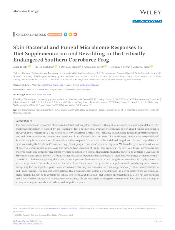 Skin Bacterial and Fungal Microbiome Responses to Diet Supplementation and Rewilding in the Critically Endangered Southern Corroboree Frog Thumbnail