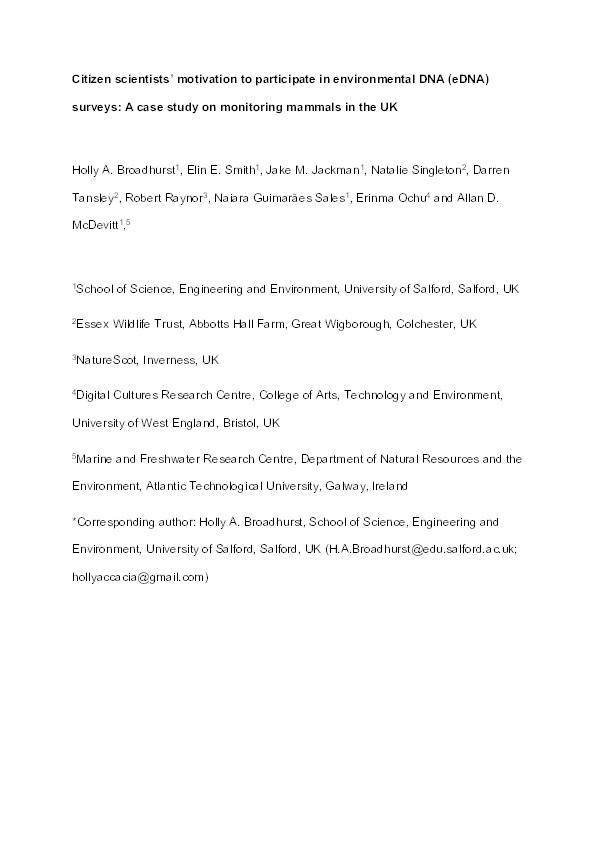 Citizen scientists’ motivation to participate in environmental DNA (eDNA) surveys: A case study on monitoring mammals in the UK Thumbnail