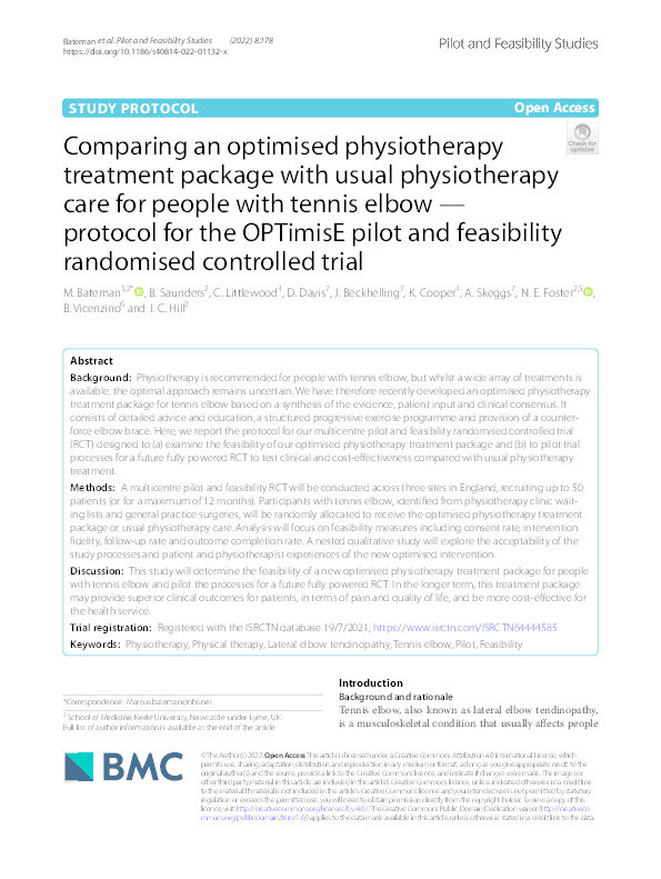 Comparing an optimised physiotherapy treatment package with usual physiotherapy care for people with tennis elbow — protocol for the OPTimisE pilot and feasibility randomised controlled trial Thumbnail