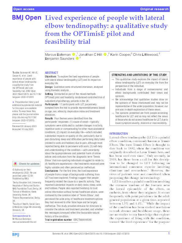 Lived experience of people with lateral elbow tendinopathy: a qualitative study from the OPTimisE pilot and feasibility trial Thumbnail