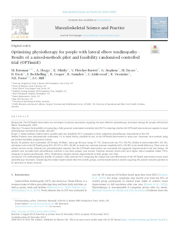 Optimising physiotherapy for people with lateral elbow tendinopathy - Results of a mixed-methods pilot and feasibility randomised controlled trial (OPTimisE) Thumbnail