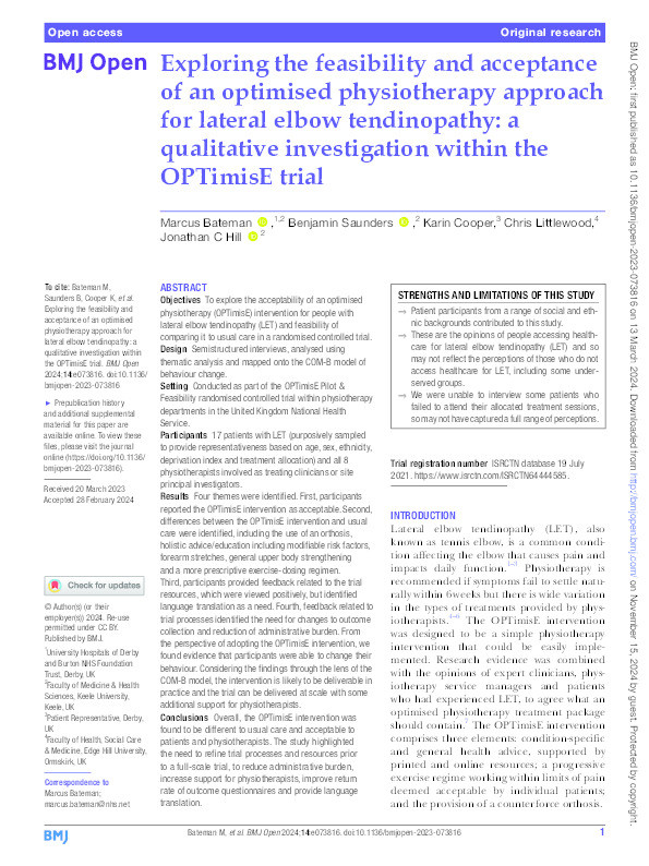 Exploring the feasibility and acceptance of an optimised physiotherapy approach for lateral elbow tendinopathy: a qualitative investigation within the OPTimisE trial Thumbnail