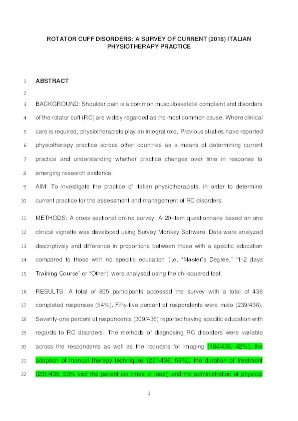 Rotator cuff disorders: A survey of current (2018) Italian physiotherapy practice Thumbnail