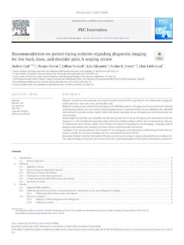 Recommendations on patient-facing websites regarding diagnostic imaging for low back, knee, and shoulder pain: A scoping review Thumbnail
