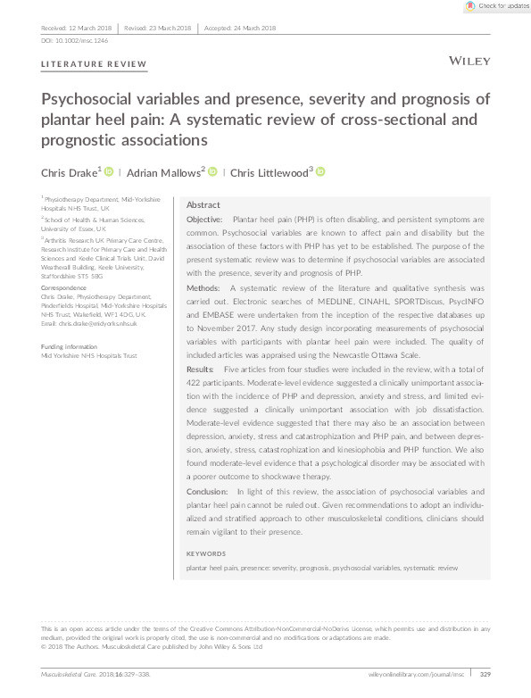 Psychosocial variables and presence, severity and prognosis of plantar heel pain: A systematic review of cross-sectional and prognostic associations Thumbnail