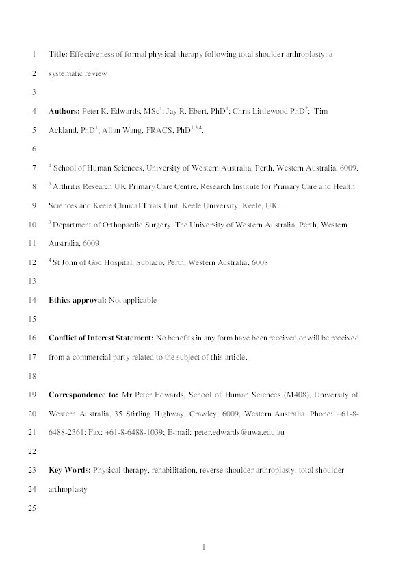 Effectiveness of formal physical therapy following total shoulder arthroplasty: A systematic review Thumbnail