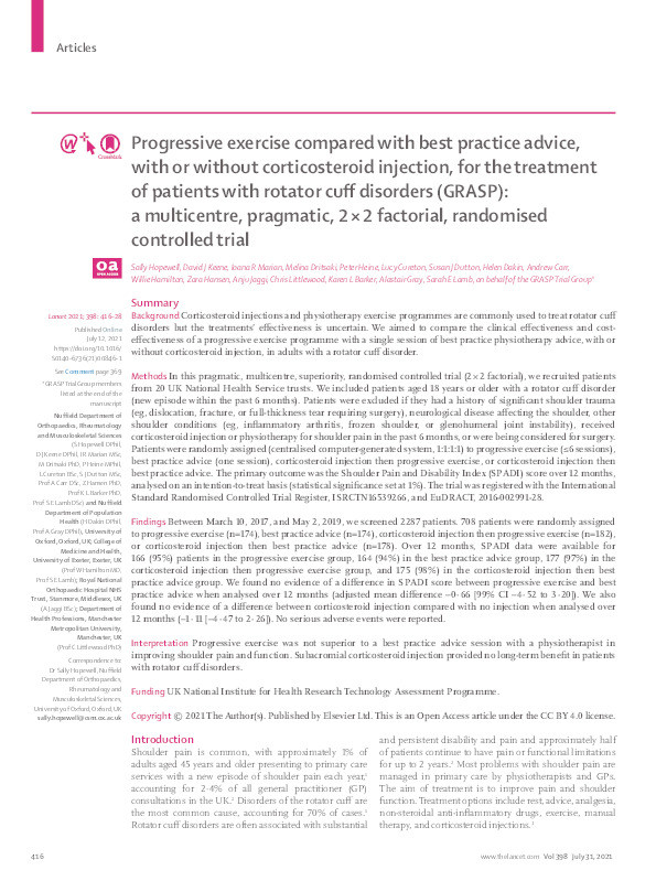 Progressive exercise compared with best practice advice, with or without corticosteroid injection, for the treatment of patients with rotator cuff disorders (GRASP): a multicentre, pragmatic, 2 × 2 factorial, randomised controlled trial Thumbnail