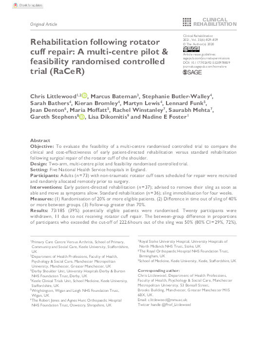 Rehabilitation following rotator cuff repair: A multi-centre pilot & feasibility randomised controlled trial (RaCeR) Thumbnail