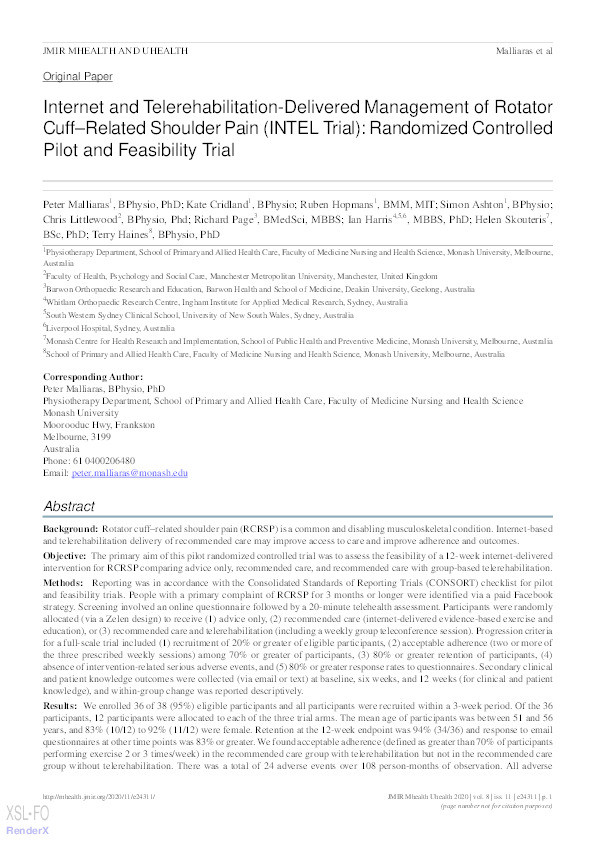 Internet and Telerehabilitation-Delivered Management of Rotator Cuff–Related Shoulder Pain (INTEL Trial): Randomized Controlled Pilot and Feasibility Trial Thumbnail
