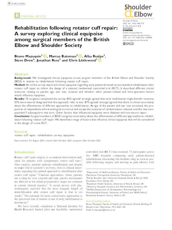 Rehabilitation following rotator cuff repair: A survey exploring clinical equipoise among surgical members of the British Elbow and Shoulder Society Thumbnail