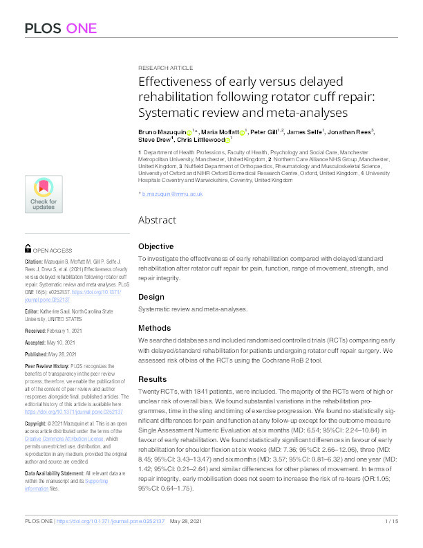 Effectiveness of early versus delayed rehabilitation following rotator cuff repair: Systematic review and meta-analyses Thumbnail