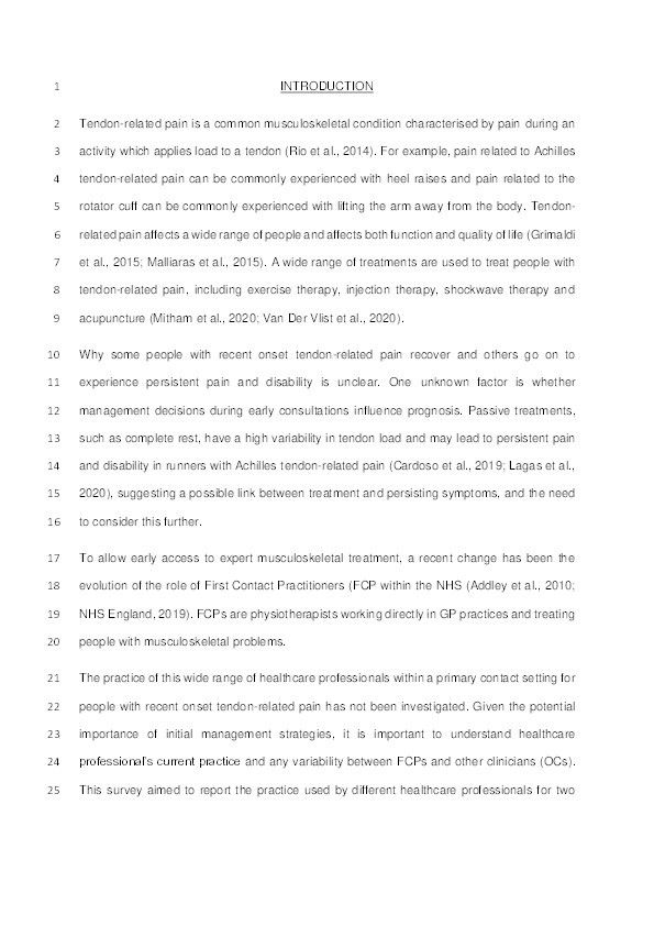 Management of recent onset tendon-related pain in a primary contact setting: A survey of practice Thumbnail