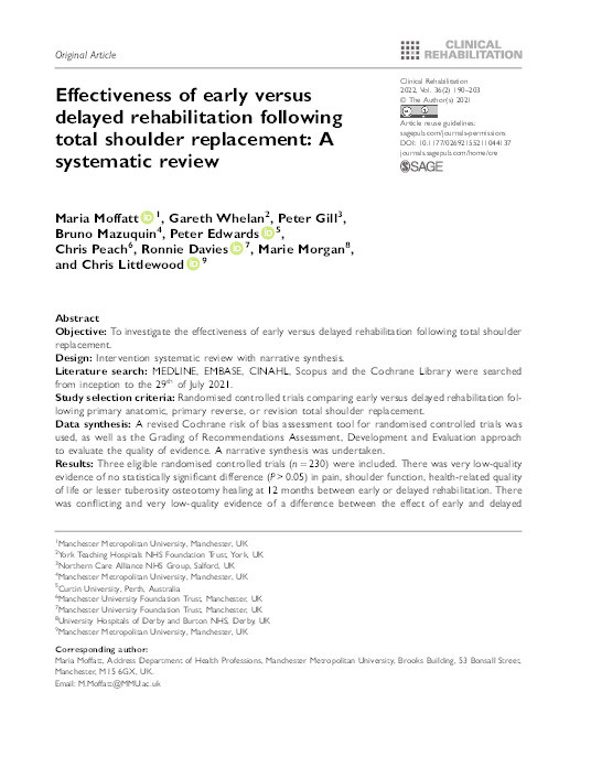 Effectiveness of early versus delayed rehabilitation following total shoulder replacement: A systematic review Thumbnail