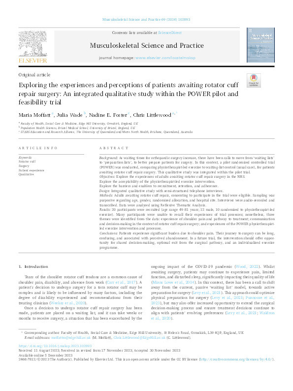 Exploring the experiences and perceptions of patients awaiting rotator cuff repair surgery: an integrated qualitative study within the POWER pilot and feasibility trial Thumbnail