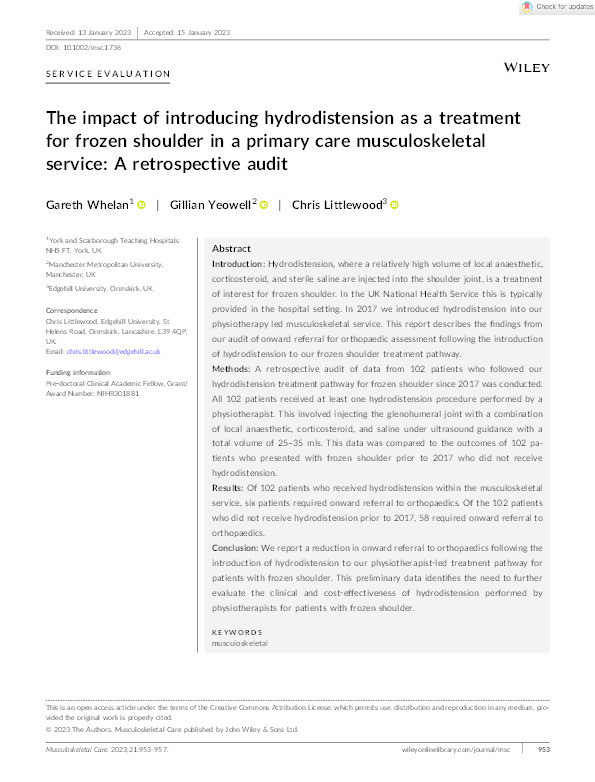 The Impact of introducing hydrodistension as a treatment for frozen shoulder in a primary care musculoskeletal service: A retrospective audit Thumbnail