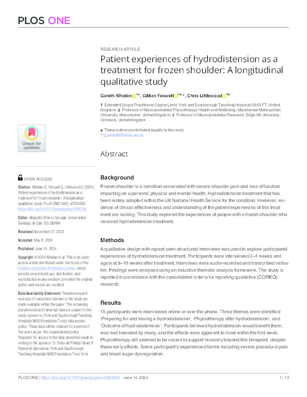 Patient experiences of hydrodistension as a treatment for frozen shoulder: A longitudinal qualitative study Thumbnail