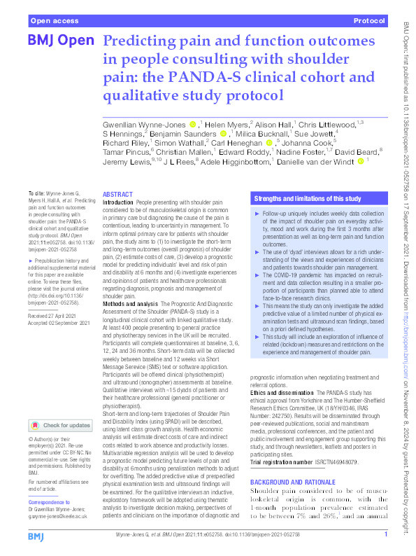 Predicting pain and function outcomes in people consulting with shoulder pain: The PANDA-S clinical cohort and qualitative study protocol (ISRCTN 46948079) Thumbnail